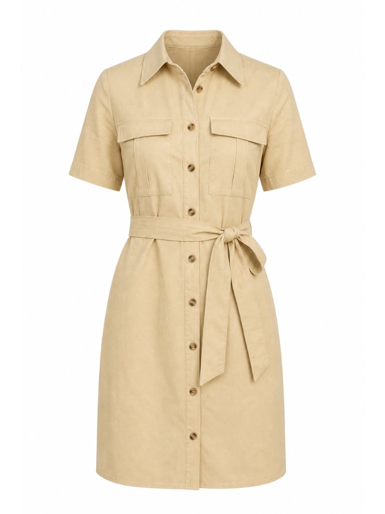 Women's Safari Dress, Collared Short Sleeve Cotton Belted Button Down, Xl, Khaki
